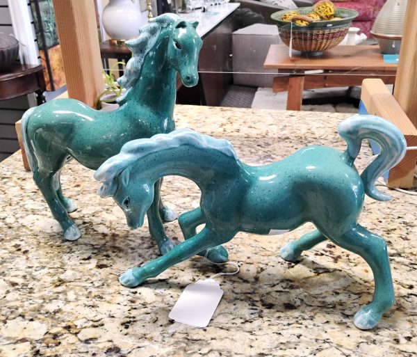 Pair Of Mid Century Modern Realong Teal Speckle Ceramic Horse Statue Set 