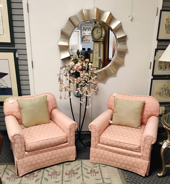 2-Custom Kravet Furniture Pink-White Silk Arm Chairs Sold Separate