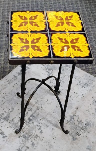 Vintage Italy Hand Tooled Wrought Iron With Hand Painted Tile Accent Table 