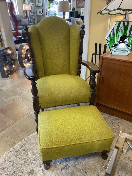 Antique 19th Century Queen Anne Style Mahogany Wing Back Chair & Ottoman