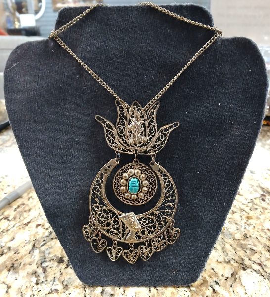 1960’s Egyptian Revival Blue Scarab Filigree Necklace 