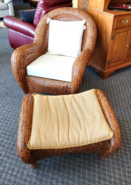 Vintage Pottery Barn Double Malabar Weaved Woven Rattan Chair And Ottoman With Cushions 