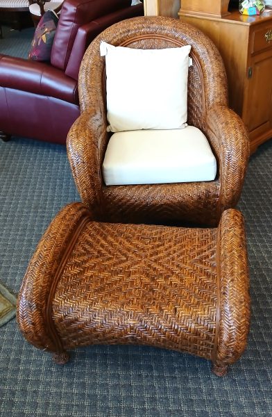 Vintage Pottery Barn Double Malabar Weaved Woven Rattan Chair And Ottoman With Cushions 