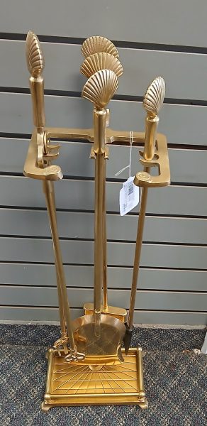 1980’s Vintage Solid Brass-Gold Finish Seashell Fireplace Tool Set 