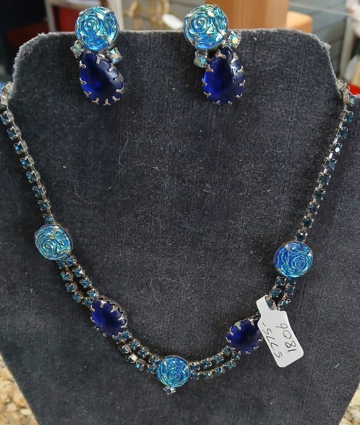 Vintage Blue Lava Glass Necklace And Clip Earrings Set 