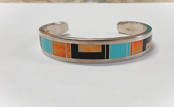 Sterling Silver Navajo Signed Inlay-Coral-Onyx And Coral Cuff Bracelet