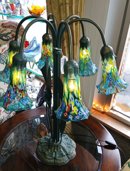 Vintage 6-Stained Glass Tiffany Style Lily Pond Table Lamp 