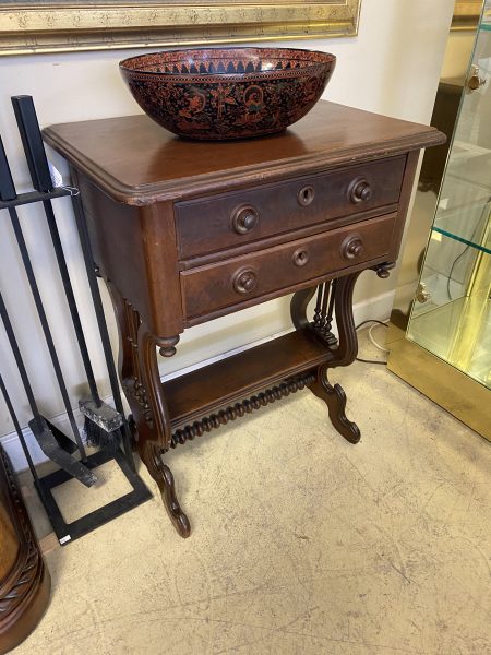 Antique Mahogany Spindle Harp Sewing Table