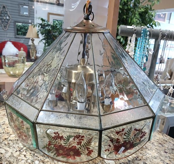 Vintage Lead Glass Chandelier With Pressed Dried Flowers 