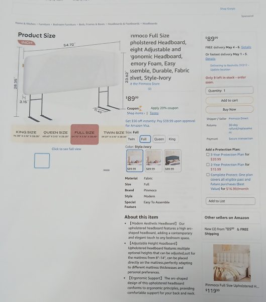 NEW PINMOCO Full Size White Velvet Upholstered Headboard 
