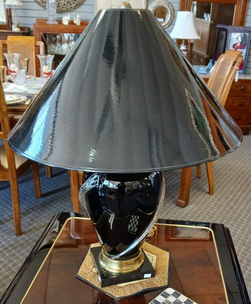 Vintage Fredrick Cooper Black Glass With Brass Accents Table Lamp 