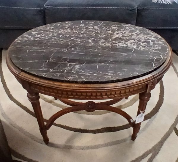 Antique French Louis XVI Style Ornate Carved Wood Coffee Table With Gated Frame And Marble Top 