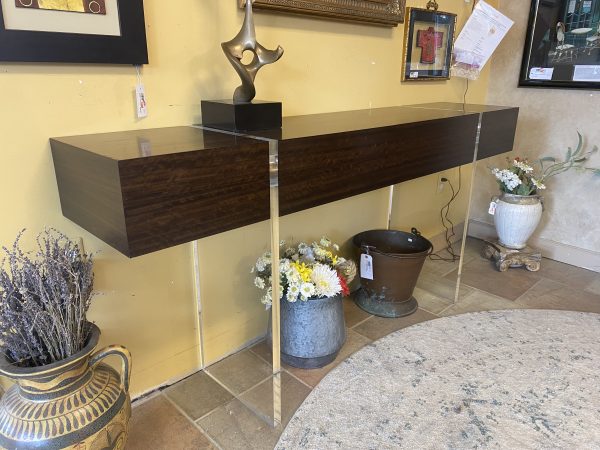 John Richard Loftus Ofram Wood Console Table with Acrylic Slab Supports & Concealed Drawer