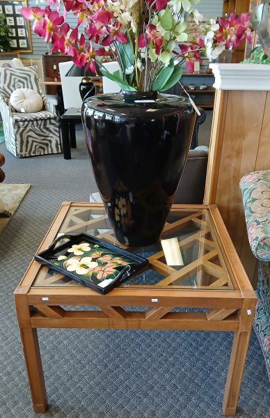 Mid Century Modern Teak Criss Cross Glass Top Accent Table 