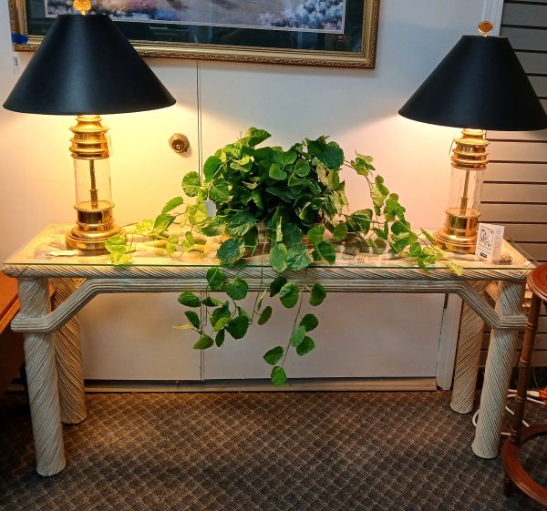 Vintage Coastal Twisted Rattan Glass Top Console 