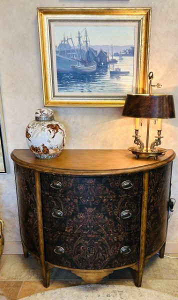 Appliqued Chinoiserie Style Demilune Chest