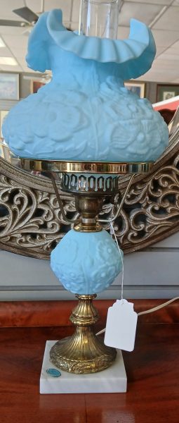 Vintage Fenton Blue Poppy Hurricane Lamp 
