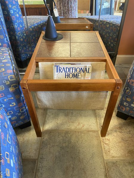 Mid Century Danish Teak Tile Side Table with Canvas Sling Design Magazine Holder