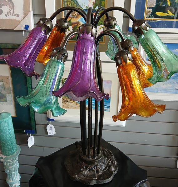 1990’s River Of Goods 10 Multi Color Mercury Tiffany Style Lily Pond Table Lamp 