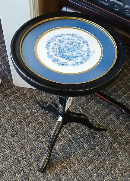 Vintage Bombay Three Legged Accent Table With Needlepoint Inlay/Glass Top 