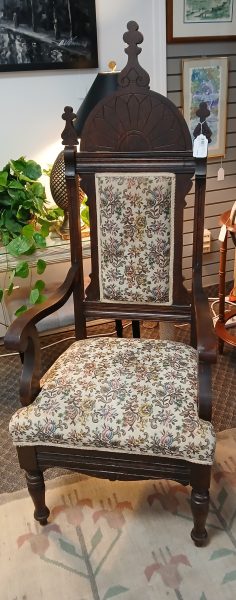 Antique Carved Walnut And Brocade Upholstered Throne Arm Chair 