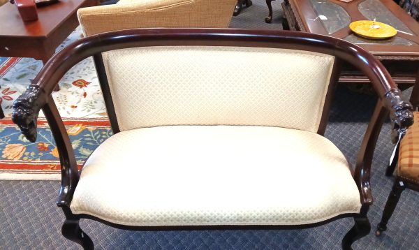 Antique French Empire Mahogany Re Upholstered Settee With Carved Lion Head Arms.