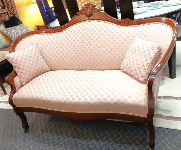 19th Century Walnut Frame Victorian Re Upholstered Settee Loveseat With Pillows