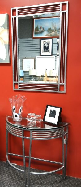 Imported Geometric Brushed Silver Metal Console And Mirror Set $