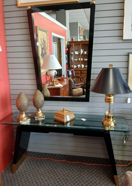 Mid Century Modern Custom Italian Black Lacquer Wood Mirror And Console Table Set 