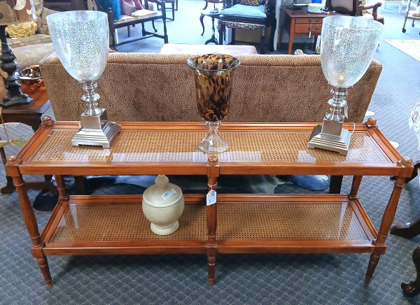 Vintage Thomasville Furniture Double Tiered Rattan/Glass Console