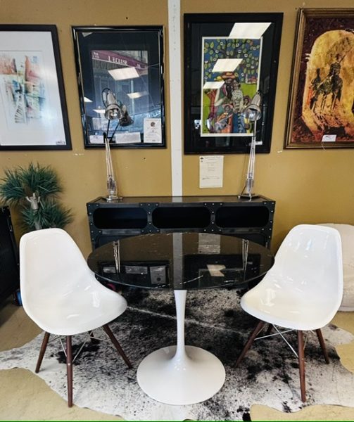 36 Inch Round CTS Designs Marble Tulip Table With Two Rove Concepts Eames Style Chairs