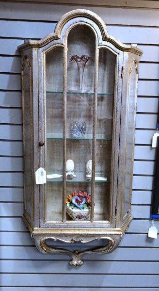 Vintage Florentina Italy Distressed Metallic Silver/Gold Gilt Wall Display Cabinet