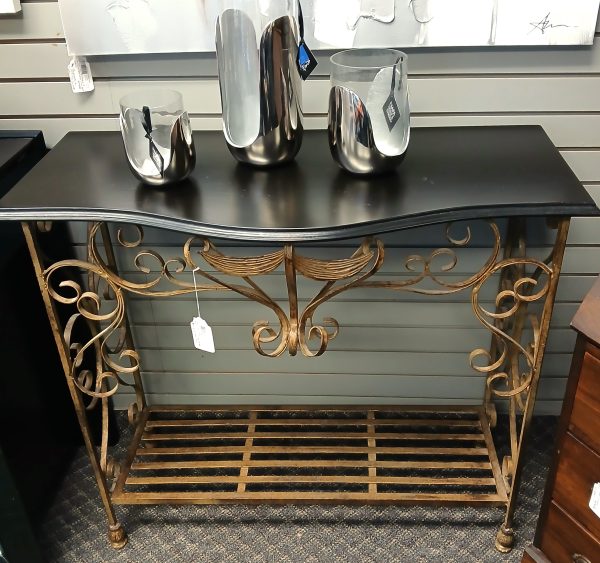 Imported Ornate Scrolled Iron Distressed Gilt Console With Black Wood Top 