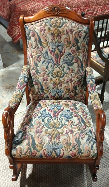 Vintage Carved Mahogany Goose Neck Arm /Brocade Rocking Chair 